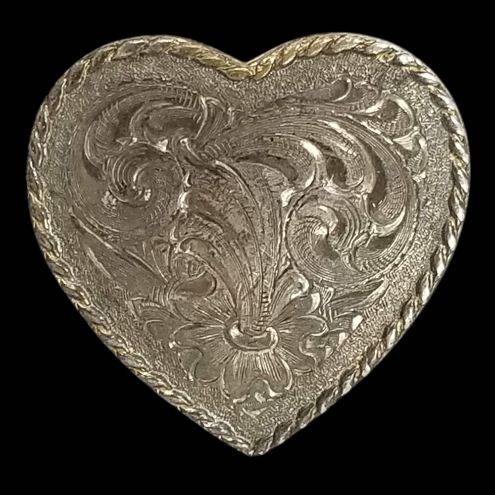 Belt Buckle Heart Montana Silversmiths Sterling Silver Plate Floral Engraved